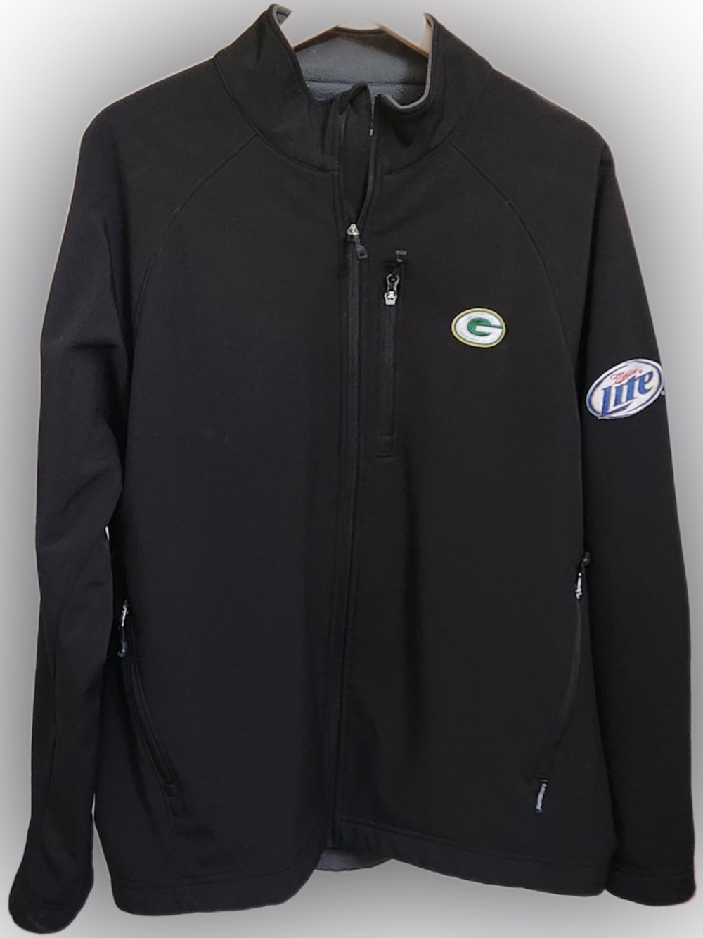 Soft Shell Jacket Green Bay Packers & Miller Lite Logos Sz XL Fleece Lined Black
